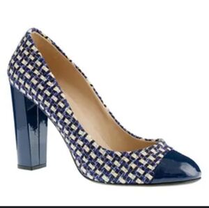 J. Crew Navy and Cream Tweed Block Heel Pumps